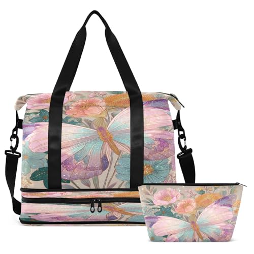 Floral Butterfly Beige Travel Duffel Bag for Women Men Gym Bag with Shoe Compartment Wet Pocket Carry On Weekender Overnight Bags for Yoga School Travel Gym