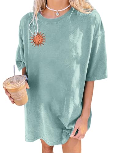 Image of Remidoo Women's Casual Short Sleeve Graphic Oversized T Shirt Loose Letter Print Tee Top Blouse Green Medium