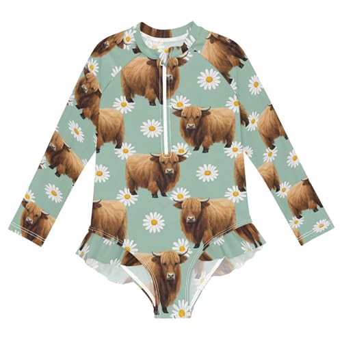ALAZA Swimsuit for Girls Long Sleeve Rashguard Bathing Suit Cow Bison Daisy Flowers Quick Dry 4T