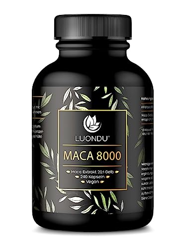Maca 8000 Gold Hochdosiert - 240 Kapseln 24.000mg PRO Tagesdosis - Maca Kapseln mit besonders starkem 20:1 Maca Wurzel Extrakt, vegan & ohne Zusätze - Verpackung kann variieren
