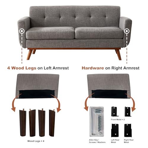 Image of Kingfun 65.2 inch W Loveseat Sofa, Mid Century Modern Decor Love Seat Couches for Living Room, Button Tufted Upholstered Furniture, Solid & Easy to Install Small Couch for Bedroom Office Apartment, Grey