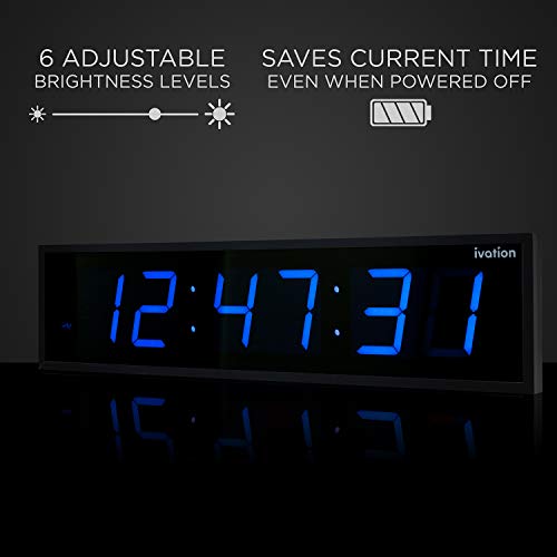 Image of Ivation Oversized Digital Wall Clock with Large LED Display & Timer, 60 inch | Multi-function with Timer, Stopwatch, Alarms, Temp & Date, Aluminum frame, 6 Brightness levels, Time memory, Remote | Blue
