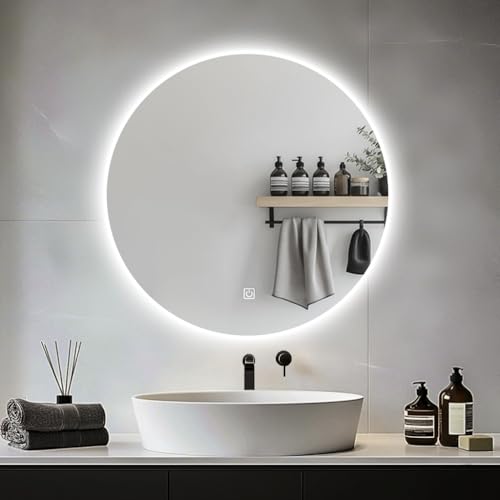 JAMUBOCHE Specchio da bagno a LED per sopra il lavandino, specchio rotondo elettrico da 60 cm con luci retroilluminate per doccia e rasatura, montaggio a parete, dimmerabile, illuminazione a 3 colori