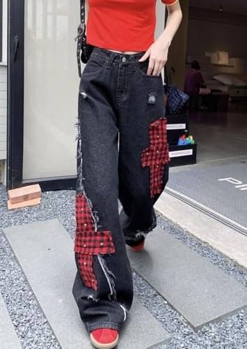 Unisex Y2K Baggy Wide Leg Jeans – Black Ripped Distressed Denim Pants with Red Plaid Patchwork Punk Streetwear2