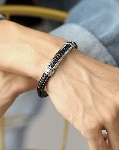 Filoboko PH1419M Mens Black Blue Leather Bracelet Silver Stainless Steel thumb #2