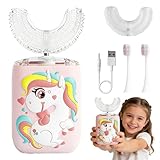 U-förmige Elektrische Zahnbürste, Elektrische Zahnbürste Kinder mit 2 U-Förmigen Silikonbürstenköpfen & 2 Bürstenkopf, 360°Automatische Ultraschall Elektrozahnbürste für Alter 2~6 Jahre (Einhorn)