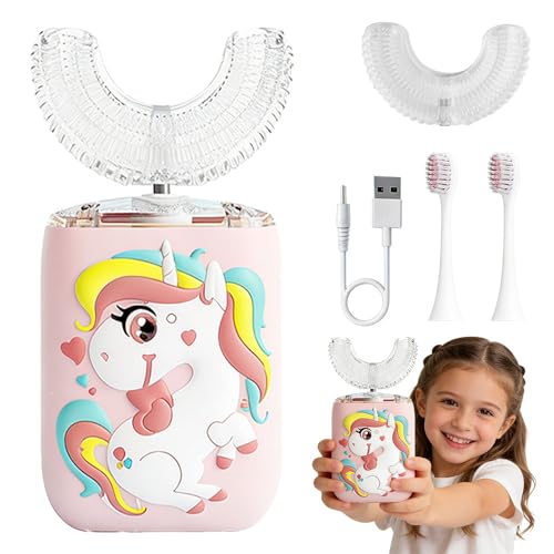 Spazzolino elettrico a forma di U, spazzolino elettrico per bambini con 2 testine in silicone a forma di U e 2 testine, spazzolino elettrico a ultrasuoni automatico a 360° per età 2~6 anni (unicorno)
