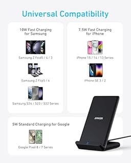 Anker Wireless Charger, PowerWave Stand, Qi-Certified for iPhone 15/14/13/12 Series, SE, 11, 11 Pro, 11 Pro Max, XR, Xs Max, 10W Fast-Charging Galaxy S20 S10 S9 S8, Note 10 (No AC Adapter)