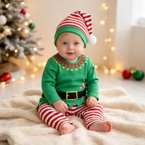 Baby Boys Xmas Elf Costumes Cotton Santas Helper With Hat Outfits Striped | Cosplay,Baby Boys Xmas Elf Costumes,Cotton Santas Helper With Hat Outfits,Striped,Chrismas,2026 Winter,Long Sleeve,Crew Neck - image 3