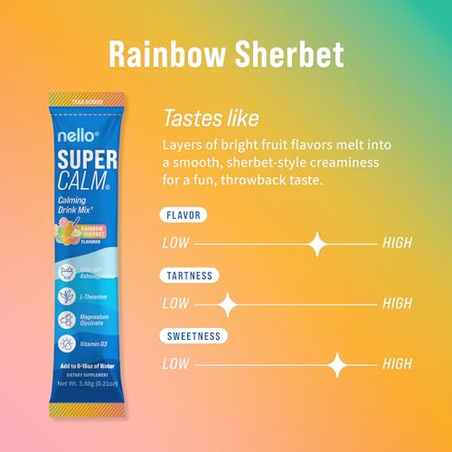 Image of Nello Supercalm Powdered Drink Mix, Cortisol Reducer and Sleep Aid Supplement, L Theanine, Ksm-66 Ashwagandha, Magnesium Glycinate, Vitamin D 3, No Sugar, Non GMO, On The Go, 20 Ct, Rainbow Sherbet