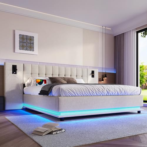 PUGSDRLY Lit Double 180x200cm avec Lampe de Chevet et Port USB,Lit Adulte Capitonné avec Sommier à Lattes et Tête Large,Bande LED,Tissu de Lin,sans Matelas...