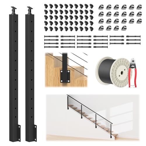 Image of 4-12FT 36 inch Side Mount Stair Railing Post Kits Include 2Pack Left Side Stair Posts, 150FT Wire Rope, Fasica Mount Deck Stair Railing System, 1 /8 inch Stainless Steel Black Wire Railing Kits, RG72