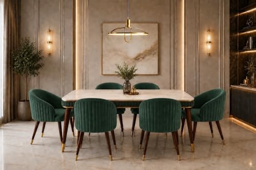 Image of WOODEN SPACE 6-Seater Wooden Dining Table Set | Nano Composite Marble Top | Solid Wood Base | Modern Dining Room Furniture with 6 Chairs (Dark Green)