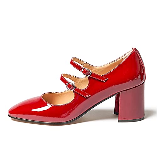 Women's Stylish Closed Round Toe Patent Leather Doubled Monk-Strap Vintage Low Chunky Heel Dress Mary Jane Pumps Shoes3