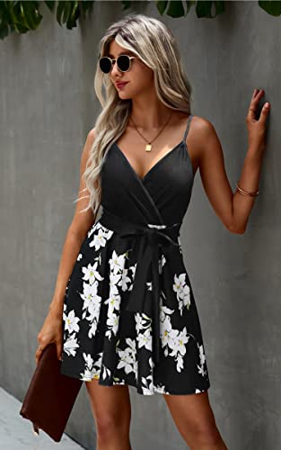 Image of ECOWISH Summer Dresses for Women 2026 V-Neck Spaghetti Strap Bowknot Backless Sleeveless Lace Mini Swing Skater Dress
