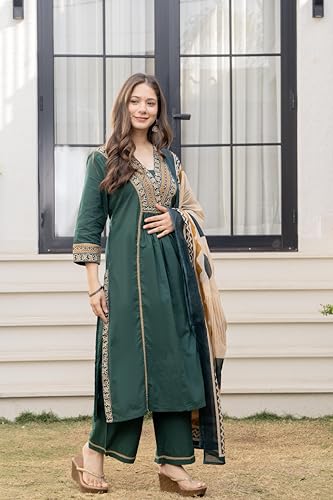 Image of MEERA FAB Women Floral Printed Pure Cotton Straignt V-Neck Kurta with Trousers & Dupatta