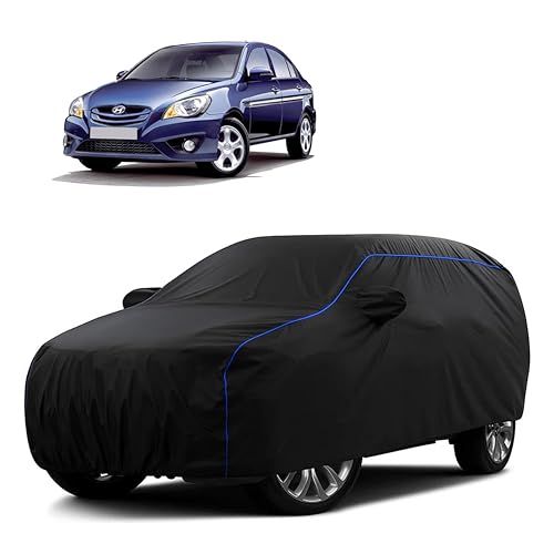 Image of Sulfar 100% Water Resistant Car Body Cover Compatible with Mirror for Hyundai Verna Transform (Triple Stitched, Full Bottom Elastic, Black Tafetta with Blue Piping)