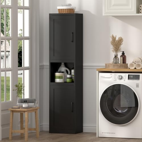 Image of Bathroom Storage Cabinet, 67 inch H Tall Bathroom Storage with Shelves and Doors, Narrow Bathroom Storage Cabinet for Home, Metal Slim Storage Cabinet, Black