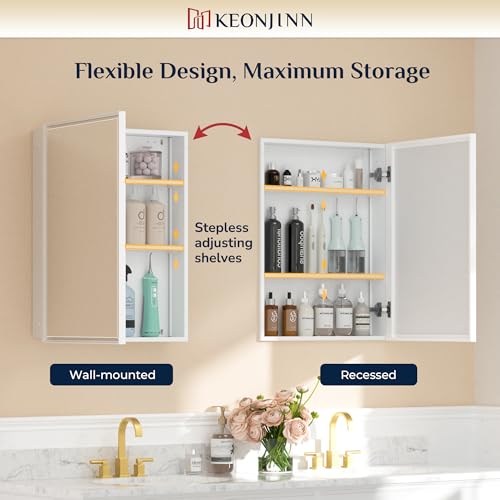 Image of Keonjinn 24 inch x 30 inch White Bathroom Medicine Cabinets with Mirror, Aluminum