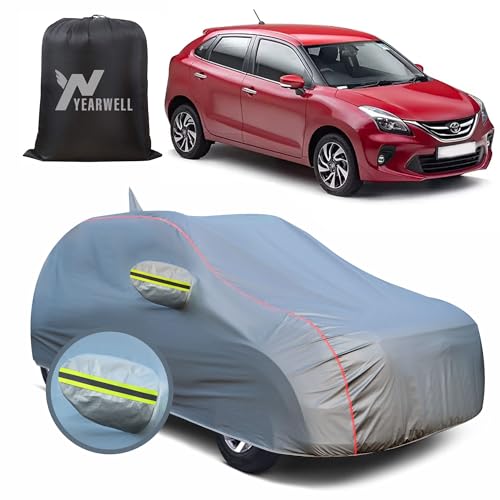 Image of Car Body Cover for Toyota Glanza, 100% Waterproof, Heat-Resistant with Mirror & Antenna Pockets, Soft Cotton Lining, Triple Stitched, Green Reflector (Metallic Grey)