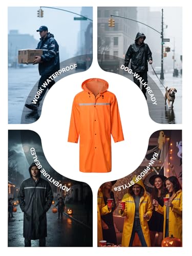 Image of Mens Long Hooded Safety Rain Jacket Waterproof Emergency Raincoat Poncho