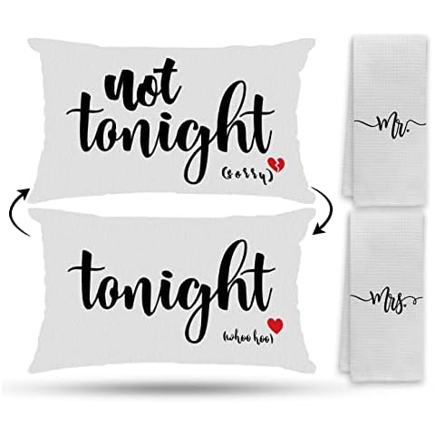 Mr. And Mrs. Bath Towels Set Hand Towels Set Of 2,Tonight Not Tonight Reversible Throw Pillow Case 12″×20″,Funny Wedding Engagement Valentine's Gifts For Couples Wife Husband Bride Groom(3 PCS) Cover
