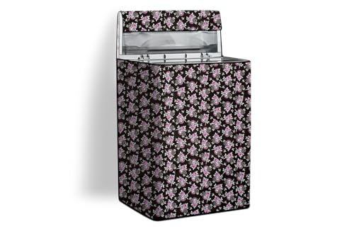 Image of Stylista PVC Washing Machine Cover Compatible for LG 7 KG Fully-Automatic Top Load T70SKSF1Z, Floral Pattern Black Purple