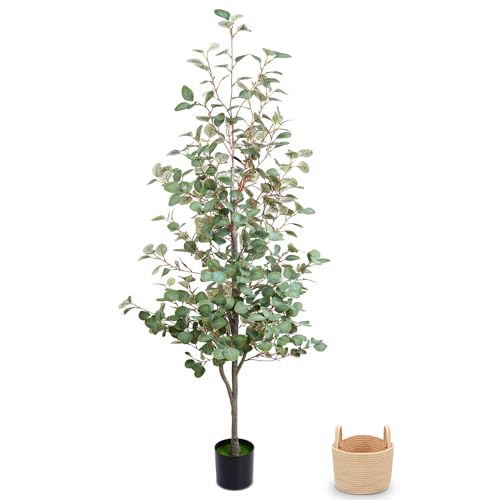 Zynaro Artificial Eucalyptus Tree 6FT Faux Eucalyptus Trees with Woven Basket & Natural-Looking Wood Trunk Lush Realistic Leaves Maintenance-Free Fake Eucalyptus Plants for Indoor Home Office Decor