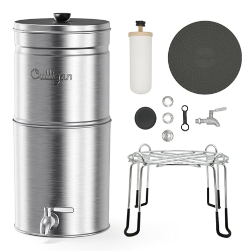 Image of Culligan MaxClear 3 Gallon Gravity Water Filter System, Brushed Stainless-Steel Countertop Water Filter NSF /ANSI Certified to Reduce Microplastics, Lead & Total PFAS, with 2 Ceramic Filters