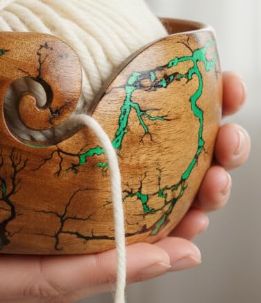 Image of Lichtenberg Figure Yarn Bowl - Handmade Wooden Yarn Bowl for Knitting Yarn Ball Holder - Yarn Bowls with Holes Crochet Bowl Holder - Yarn Storage Bowl 7 inch x 4 inch inches (Green)