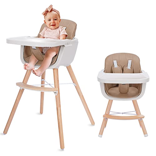 Image of little dove 3-in-1 Convertible Wooden High Chair with Removable Tray and Adjustable Legs and Cushion - Caramel