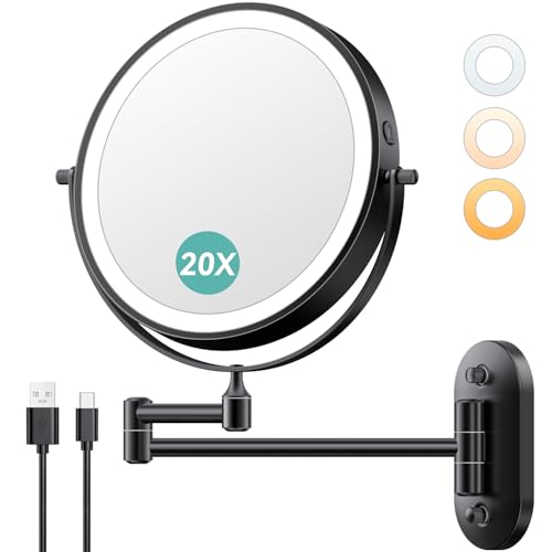 Auxmir 8'' Wall Mounted Lighted Makeup Mirror, 3200mAh Rechargeable Double-Sided 1X/20X Magnifying Mirror with Light, Touch Dimmable 3 Color Light, 360° Rotation Foldable Extended Arm, Black