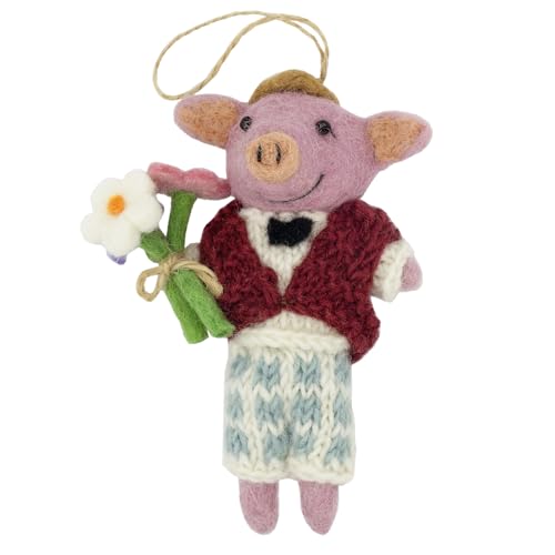 YANG MIE MIE Collectible Felt Critter, 5.9 inch Felt Pig with Knit Clothes, Hat, Flowers, Christmas Felting Ornaments Mini Hanging Wool Figurines, Animal Crafts Xmas Tree Home Office Party Decor