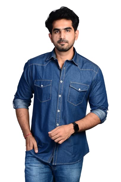 Image of Codaisy Men's Blue Double Pocket Casual Full Sleeves Regular Fit Cream Stitched Solid Cotton Denim Shirt Available in Plus Size
