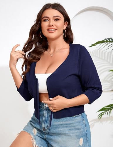 Image of ShopWonder Women's V-Neck Tie Front Shrug 3 /4 Sleeve Rib-Knit Cardigan Sweater Crop Top