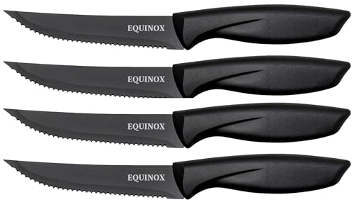EQUINOX Professional Stainless Steel Steak Knife Set, 4-Piece Kitchen Knives with Ergonomic Black Handles, Serrated Edge, Premium Dining Cutlery (4)