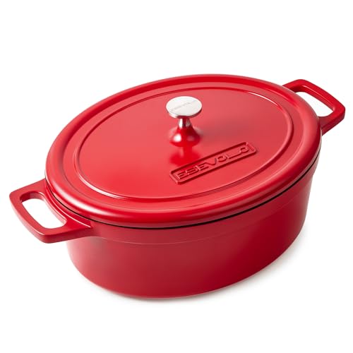 Cocotte Fonte Induction 11 litres 38cm Ovale Faitout en Fonte d’Aluminium avec Revêtement Céramique Antiadhésif, Marmite avec Couvercle, Idéale pour les Grandes Familles, Four et Gaz, Rouge