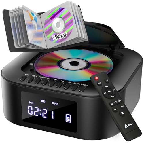 KLIM Boombox E1 with CD case - CD Player Portable Audio System + Extra BASS with Subwoofer + FM Radio, MP3 Bluetooth AUX USB + Wired and Wireless Mode Rechargeable Battery + Remote Control