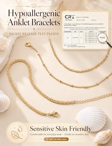Image of LOYALLOOK Ankle Bracelets for Women Waterproof, 14K Gold Plated Cuban Figaro Link Chain Beaded Anklets Set, Dainty Layered Anklets for Women Non Tarnish Summer Beach Foot Jewelry Adjustable Size