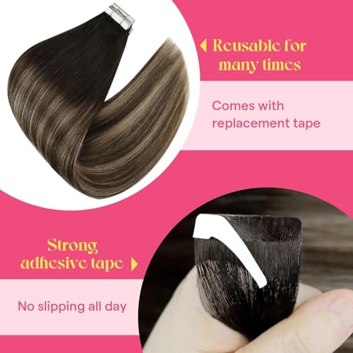 Image of Ve Sunny Hair Tape in Hair Extensions Human Hair Balayage | Hair Tape Extensions,10 Pieces for Targeted Volume,Black Balayage Brown with Ash Blonde,for Prom Party,12Inch 20g 10Pcs
