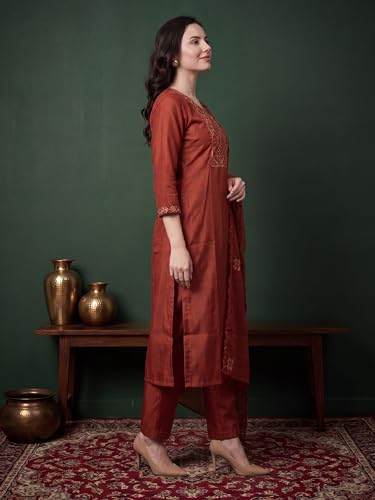 Image of INDO ERA Women's Silk Blend Floral Embroidered Thread Work Straight Kurta & Pant with Dupatta Set | Kurti Set