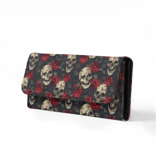 Image of AFPANQZ Rose Skeleton Women's Wallets Large Capacity with RFID Protection Waterproof Leather Long Clutch Phone Holder Zip Inner Pocket Multi-Cards Slots Large Travel Wallet
