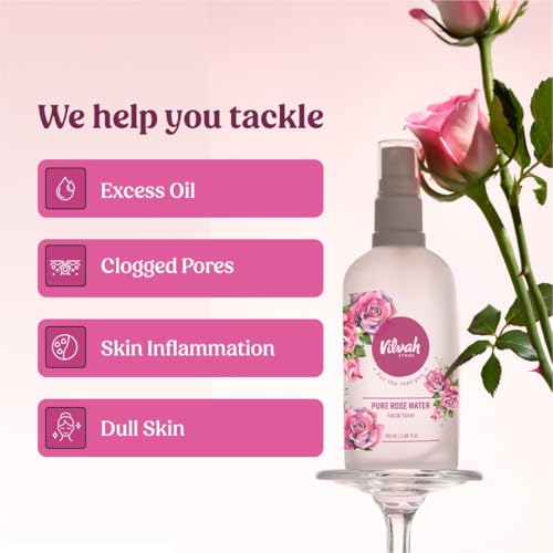 Image of Vilvah Rose Water Facial Toner | Pure Steam Distilled Rose Water to Refine Pores & Balance Skin pH | Alcohol-Free, Hydrating & Soothing Toner for Face | Controls Excess Oil & Calms Irritated Skin | For All Skin Types | 100ml