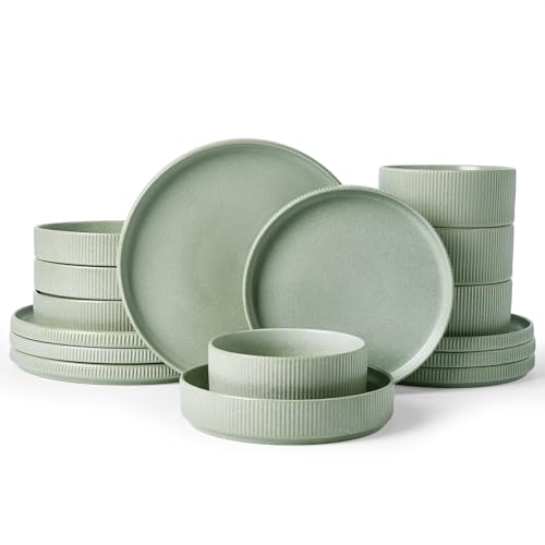 Image of Famiware Star 16-Piece Stoneware Dinnerware Sets for 4 - Shallow Pasta Bowls & Flat Plates, Modern Rustic Reactive Glaze Dishes, Chip & Scratch Resistant, Microwave & Dishwasher Safe, Matte Sage Green