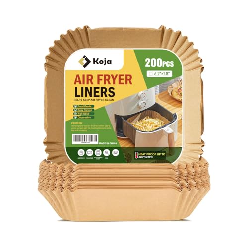 Koja 200 Pcs Disposable Parchment Air Fryer Liners, Non-Stick Greaseproof Paper, Square 6.5 Inch Baking Paper Liners for Air Fryer, Microwave, Oven, Steamer, Easy Clean, Heat Resistant Cooking