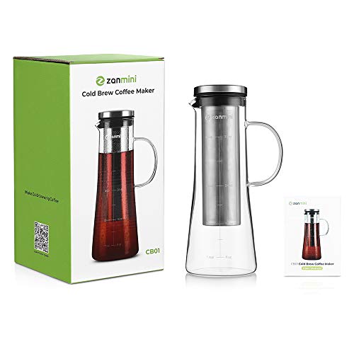 Zanmini Cold Brew Coffee Maker Glass Pitcher with Lid Large Ice Coffee Tea Stainless Steel Infuser Fine Mesh Filter Hot/Cold Water Juice Lemonade Sparkling Beverages 900ML Gift for Family