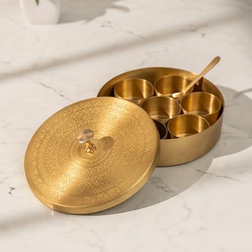 Image of Chutki Brass Masala Box with Spoon | Brass Spice Bowls | Handcrafted Masala Box Organizer | Kitchen Spice Storage Box