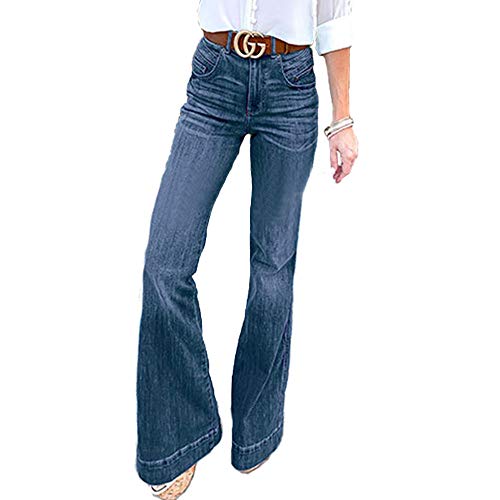 Women's Retro Style Bell Bottom Jeans Mid-Rise Slim Fit Long Bootcut Denim Pants Vintage Fashion Flared Bottoms Washed Denim Jeans with Pockets,DarkBlue,TAG 2XL(Fits Like US 2XL)