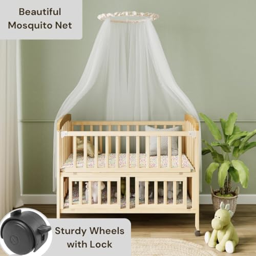 Image of FURNIFEST Wooden Baby Cot for 0 to 6 Years with Mattress and Diaper Chaging Station, Convertible Cradle Rocker with Wheels & Mosquito Net - Multifunctional Cot, Converts into Study Desk