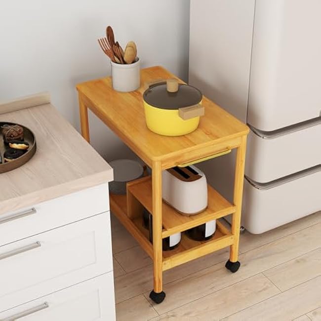 Kinsuite 3-Tier Bamboo Storage Cart - 23 H Kitchen Storage Shelf, Multifunctional Rolling Cart with Lockable Wheels, Small Mobile Organizer for Kitchen Living Room Balcony, Nature-EBbTmH1W